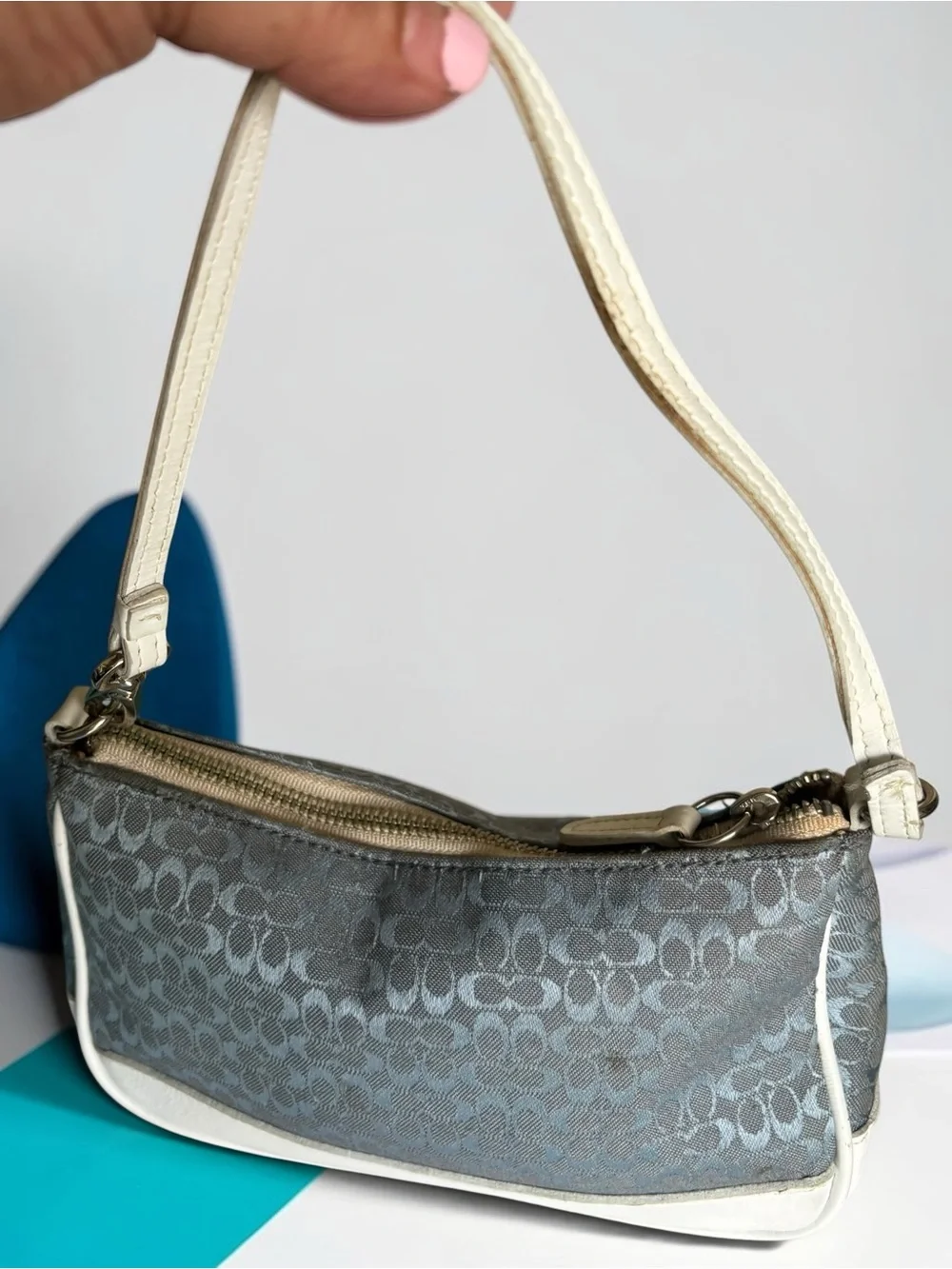 Coach Gray-Blue Signature Jacquard Shoulder Bag with White Trim
